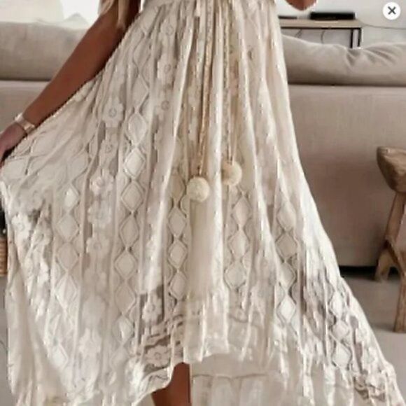 Women's Lace Hollow Out Tassel Trim V Neck Bohemian Maxi Dress XXL - Picture 3 of 9